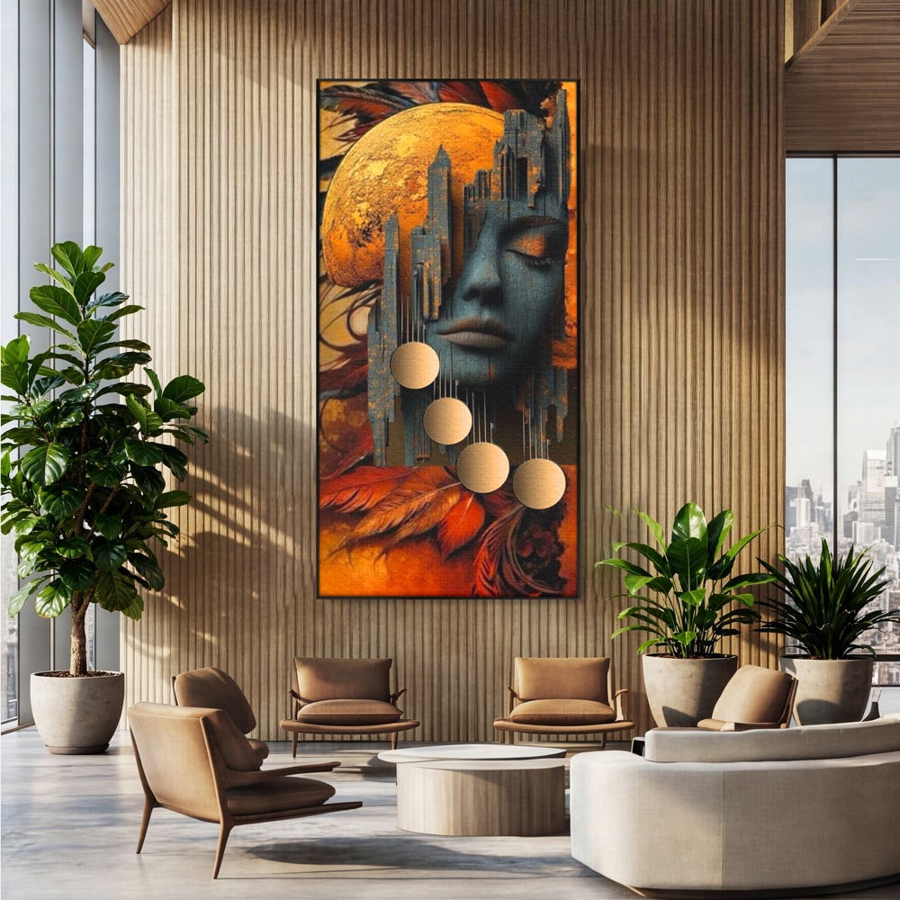 Tablou canvas cu tablou canvas cu chip de femeie si oras stilizat, in rama de aluminiu negru, pe perete intr-un birou